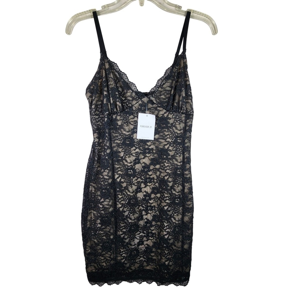 Forever 21 NWT Juniors L Slip Dress Black Y2K Lace Coquette Goth Grunge Festival